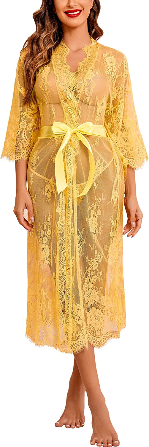 Avidlove Long Lace Lingerie Kimono Robe Sheer Babydoll Nightgown Nightdress