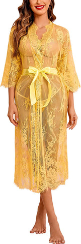 Avidlove Lange Spitzen-Dessous Kimono Robe Transparentes Babydoll-Nachthemd 