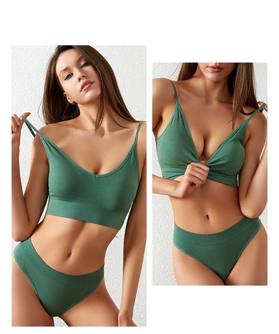 Smooth Comfortable French Triangle Cup Wireless Push-Up Bra & Underwear Set Green