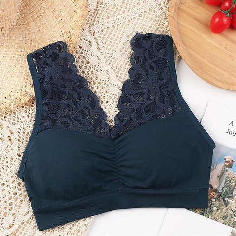 Bralette suave sin aros con escote en V profundo y encaje