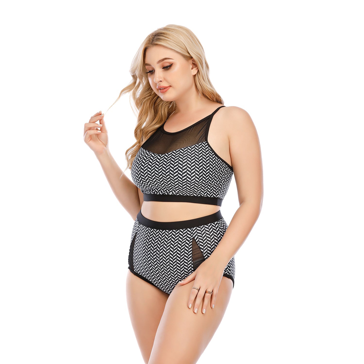 SiySiy Plus Size Two Piece Black Gauze Swimsuit Triangle Bottom Mesh Pattern Swimsuit