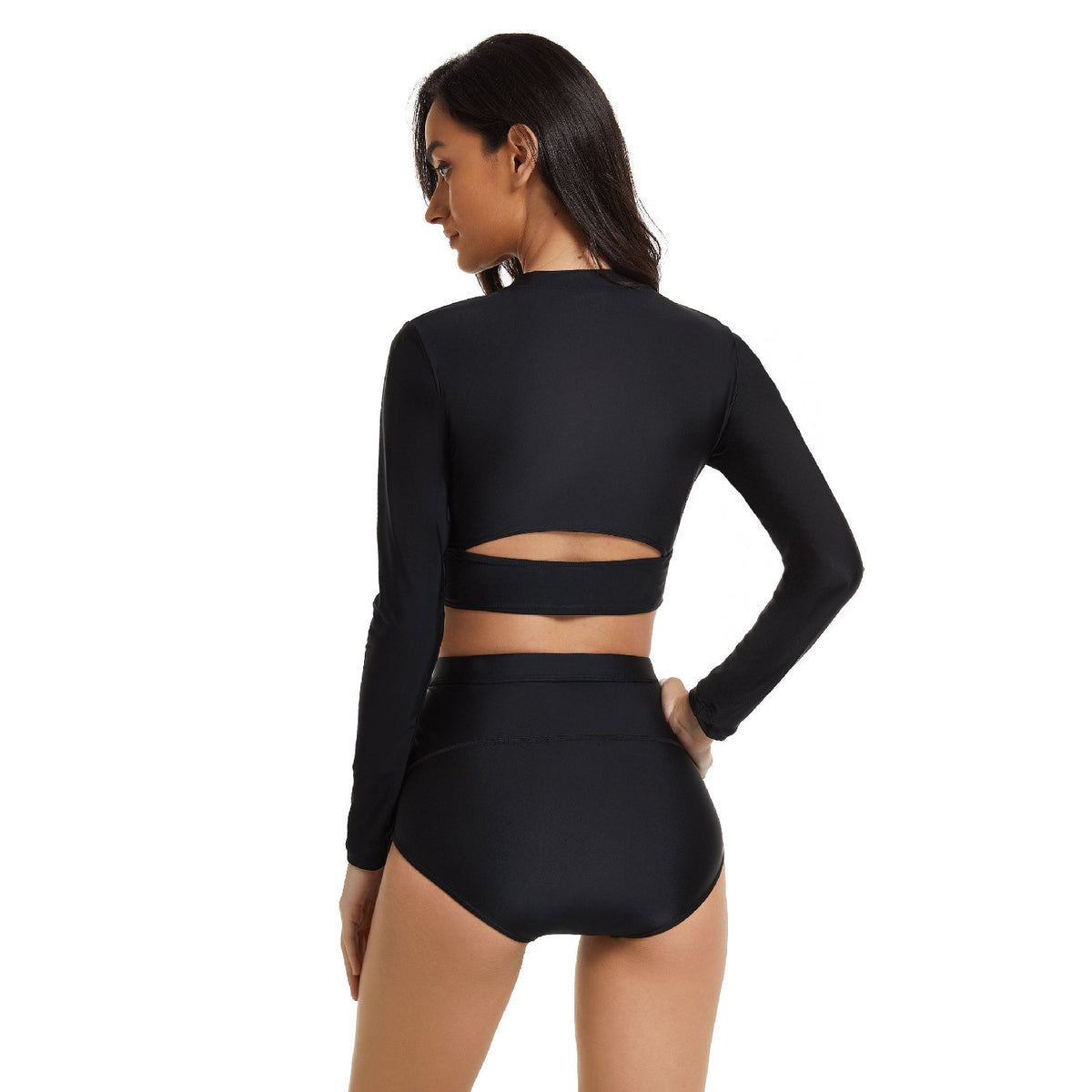 Schwarze Badeanzüge Langarm Badeanzug Crop Top Bademode