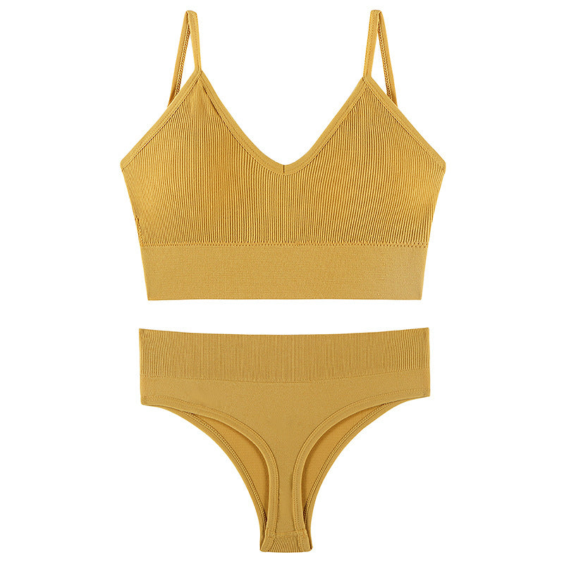 Conjunto de sujetador push-up y ropa interior sin aros, cómodo y suave con copa triangular francesa, color amarillo