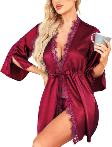 Dessous-Robe Satin Kurzer Kimono Brautjungfern Spitzenroben Nachtwäsche Loungewear 