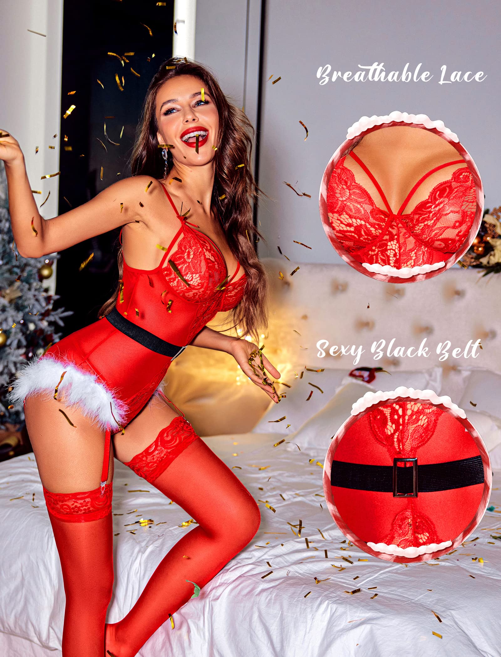 Avidlove Weihnachts-Dessous, Spitzen-Bodysuit, tiefer V-Ausschnitt, Teddy-Babydoll mit Strumpfgürtel 