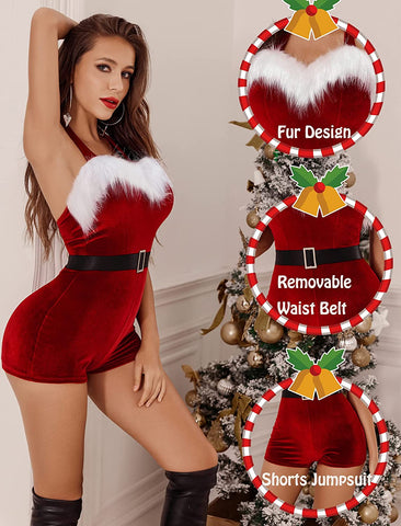 Avidlove Weihnachtsmann-Kostüm, Samt-Strampler, Weihnachts-Shorts, Bodysuit, Dessous mit Gürtel 