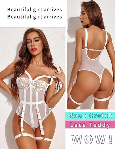 Avidlove Teddy-Dessous mit Strumpfhalter, einteilig, freche Riemchen-Dessous, exotischer Spitzen-Bodysuit 