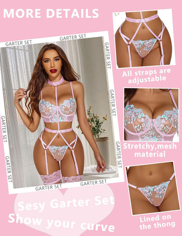 Avidlove Lingerie für bestickte Spitzen-Bügel-Riemchen-BH und Höschen-Set mit abnehmbarem Strumpfband 