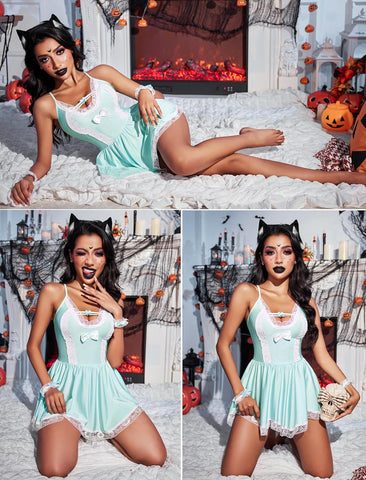 Avidlove Dienstmädchen-Kostüm, Cosplay-Dessous-Set, Netzstoff, Chemise, Babydoll, Spitze, Rollenspiel-Outfit, 4-teiliges Riemchen-Nachtwäsche 