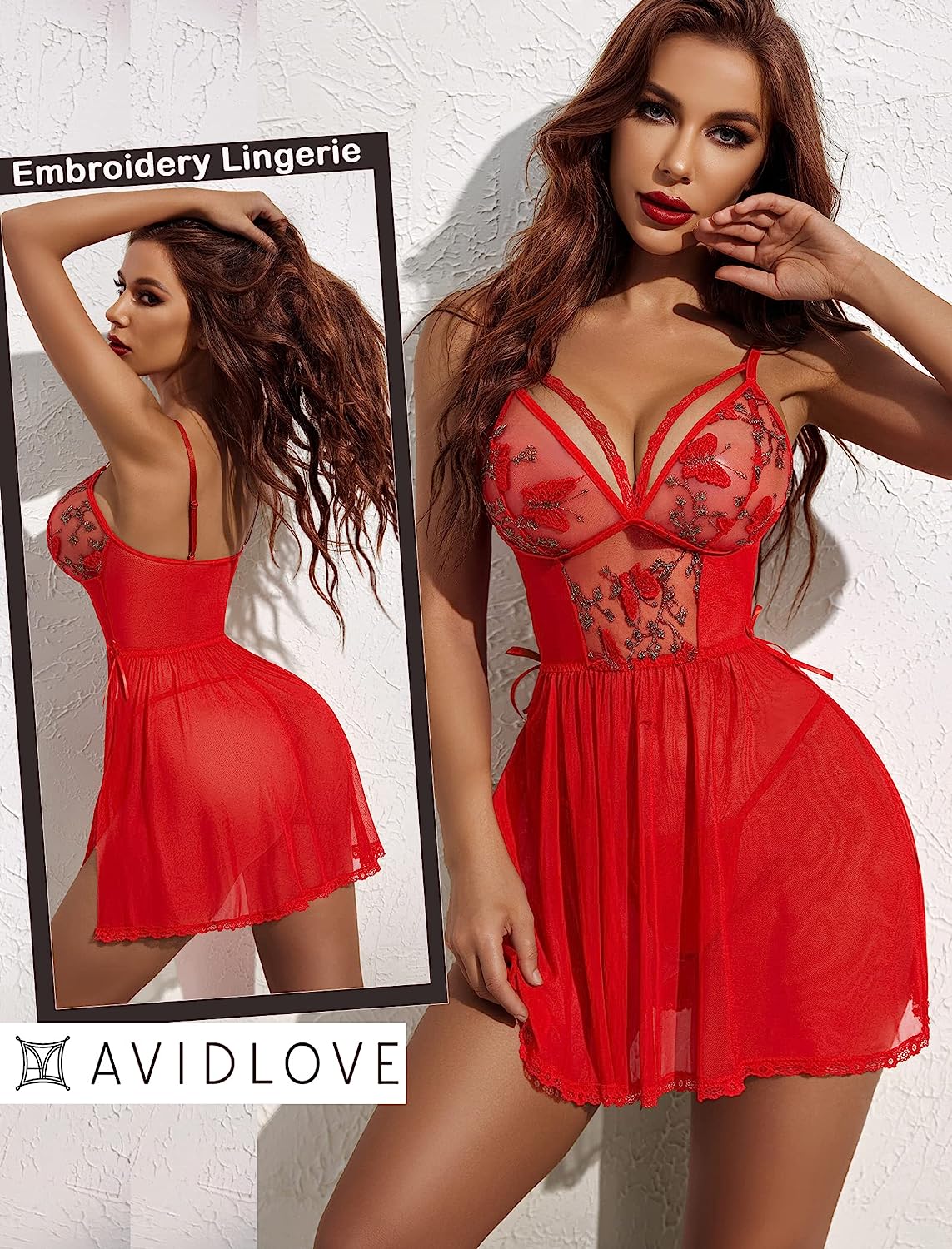 Avidlove Dessous Spitzenhemdchen Blumenstickerei Mesh Babydoll Seitenschlitz Nachtwäsche 