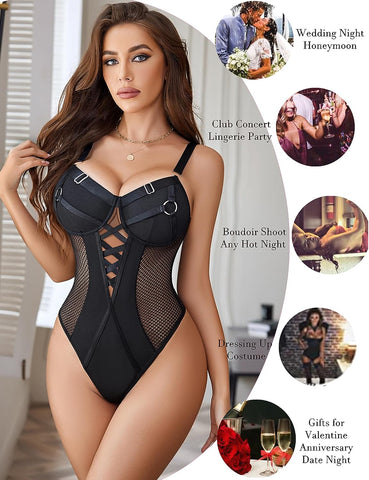 Body de lencería Avidlove de malla con aros y encaje, babydoll de una pieza con entrepierna a presión, tallas S a XXL 