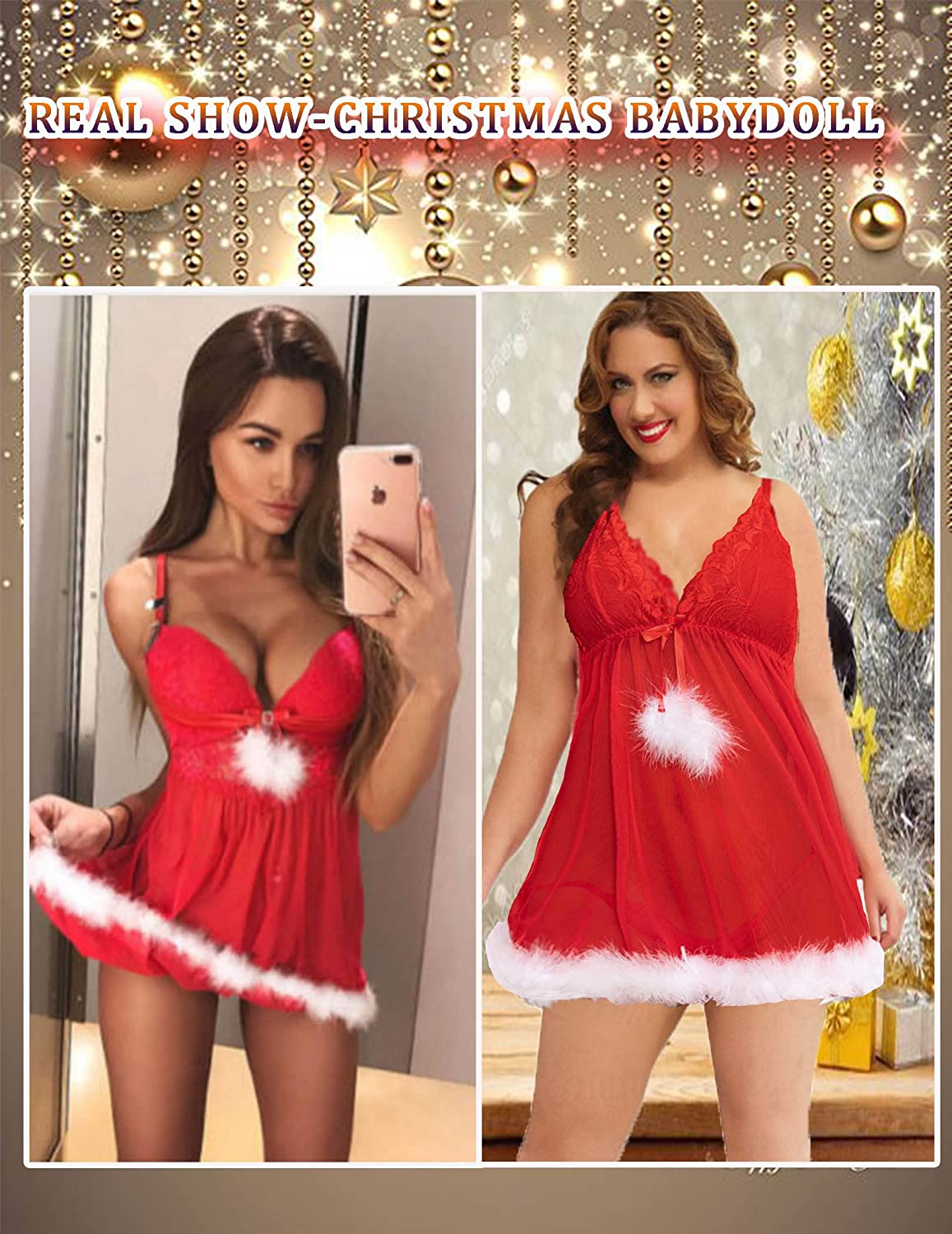 Avidlove Weihnachts-Dessous für Spitzen-Babydoll, Neckholder, V-Ausschnitt 