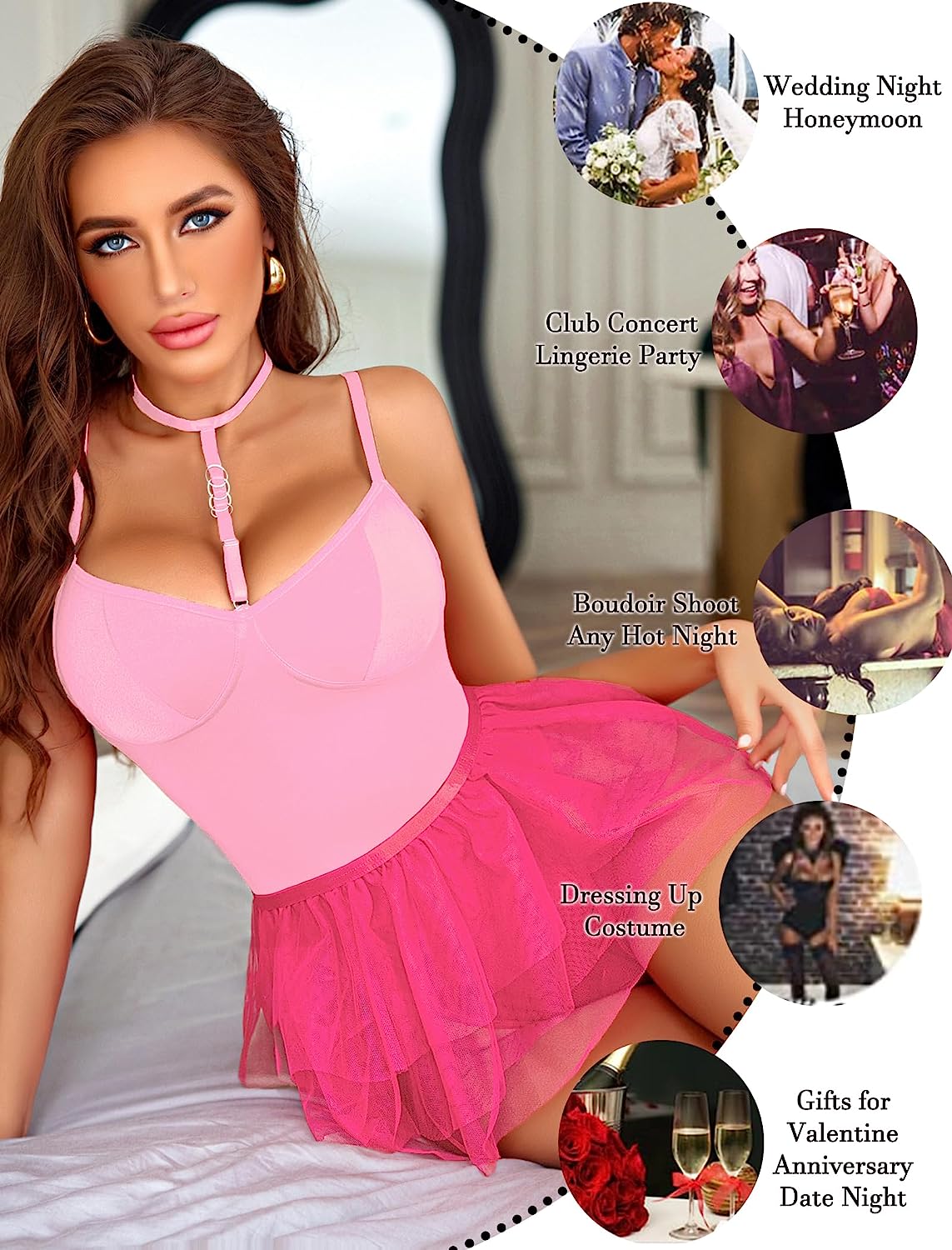 Avidlove Babydoll Lingerie for Snap Crotch Chemise Lingerie Set with Halter Choker Removable Skirt Boudoir Outfits