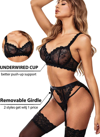 Avidlove Dessous-Set mit Spitzen-Strumpfband und Bügel, Push-Up-Dessous-Set (ohne Strümpfe) 