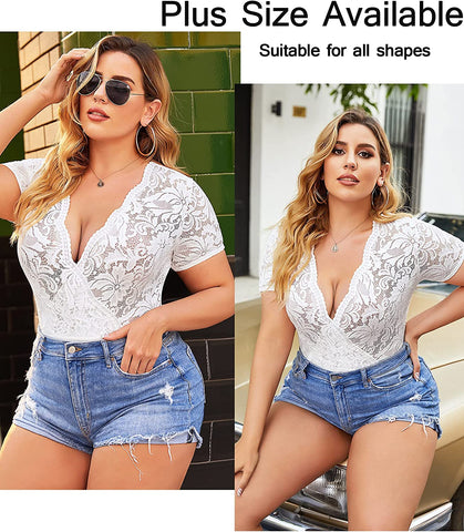 Avidlove Spitzen-Bodysuit mit kurzen Ärmeln, tiefer V-Ausschnitt, Druckknopfverschluss im Schritt, Clubwear-Oberteile, S-XXL