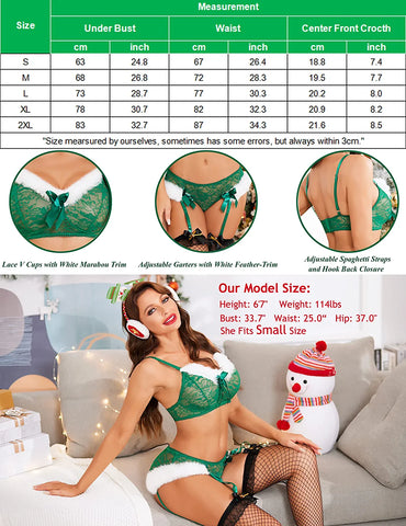 Avidlove Weihnachtsdessous, zweiteilig, Weihnachtsmann-BH und Höschen mit Strumpfhalter-Set, rotes Spitzen-Babydoll 