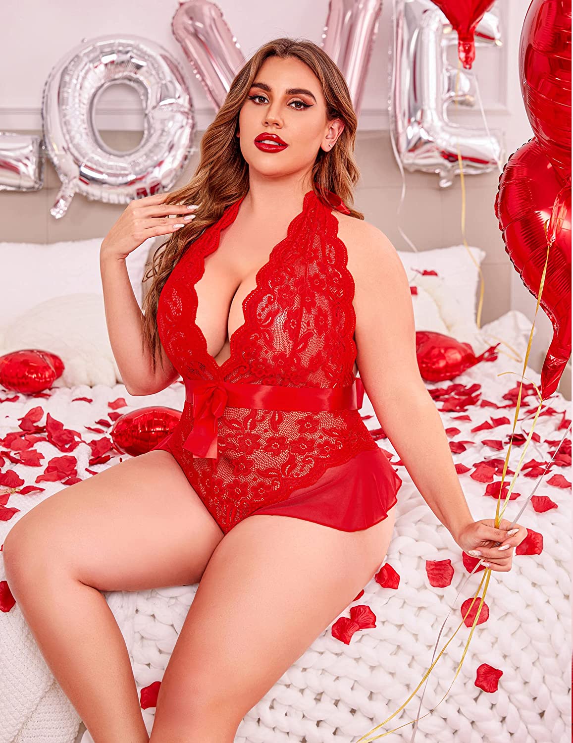 Lencería de talla grande Avidlove para escote en V profundo, lencería tipo body de encaje con cuello halter, babydoll 