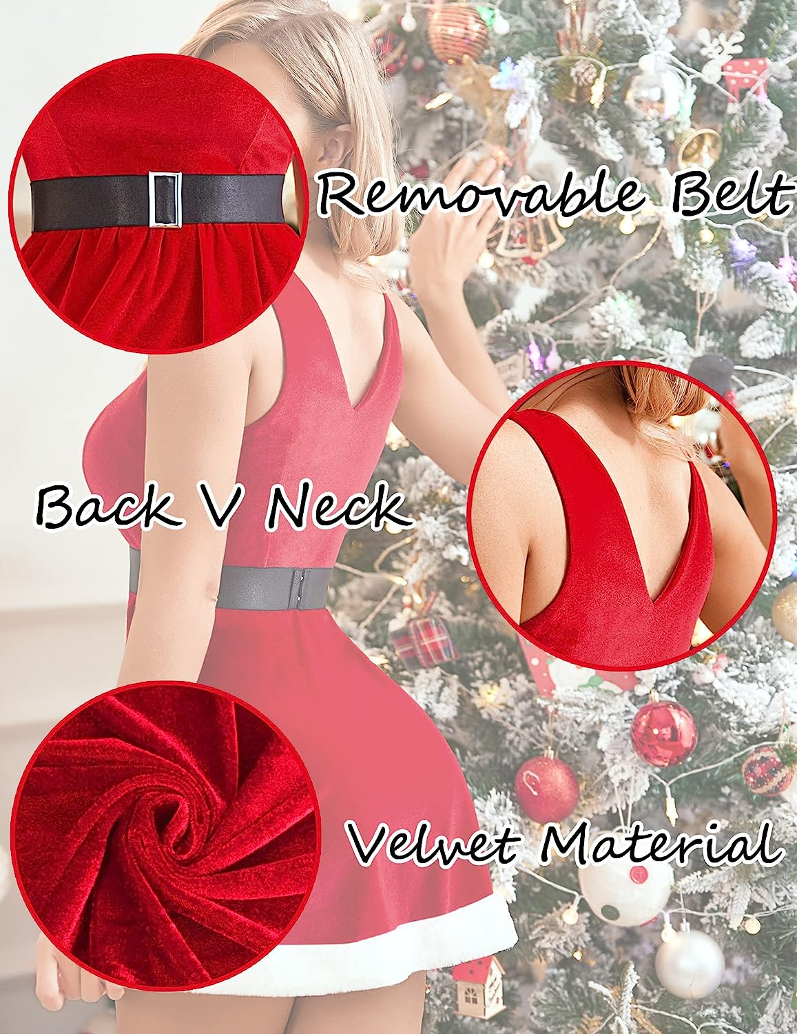 Avidlove Weihnachtskleid, Weihnachtsmann-Samt, A-Linien-Kleid mit Gürtel, Babydoll-Dessous 