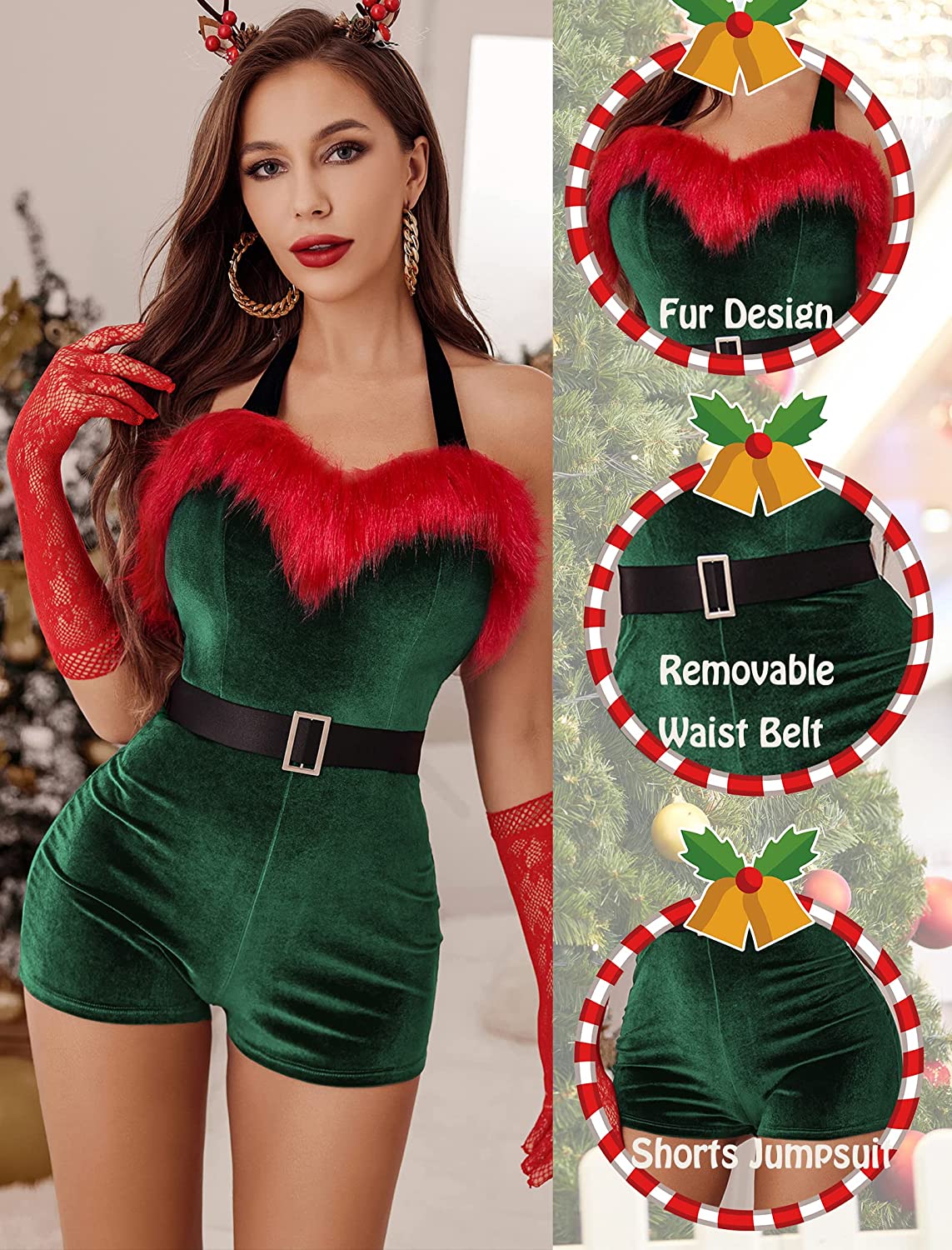 Avidlove Santa Costume Velvet Romper Christmas Shorts Bodysuit Lingerie with Belt