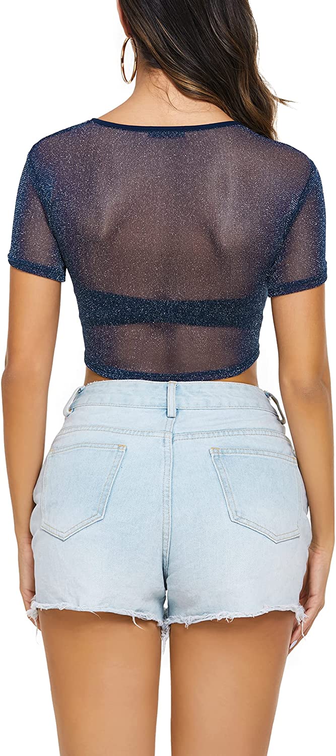 Avidlove Mesh-Crop-Top für kurzärmlige, figurbetonte T-Shirts, durchsichtige Bluse mit Rundhalsausschnitt, Clubwear 