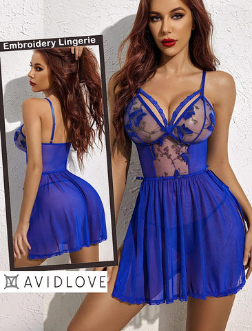 Avidlove Dessous Spitzenhemdchen Blumenstickerei Mesh Babydoll Seitenschlitz Nachtwäsche 