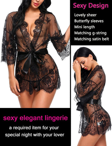 Avidlove Lace Kimono Robe Babydoll Lingerie Mesh Nightgown S-5XL