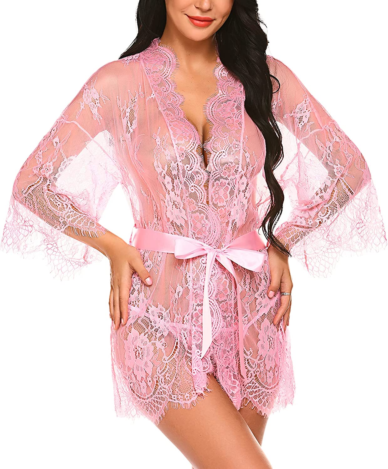 Avidlove - Bata tipo kimono de encaje, lencería tipo babydoll, camisón de malla, tallas S a 5XL 