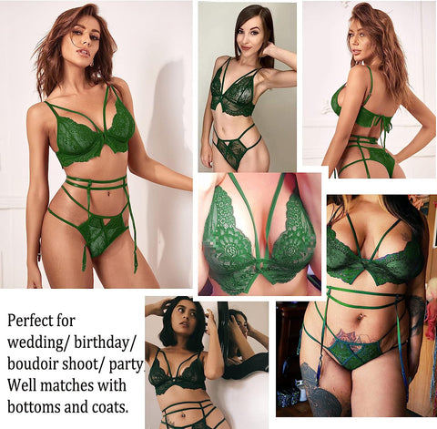 Avidlove Strumpfband-Dessous-Set, Wimpernspitze, Riemchen-BH und Höschen, 3-teiliges Boudoir-Outfit 