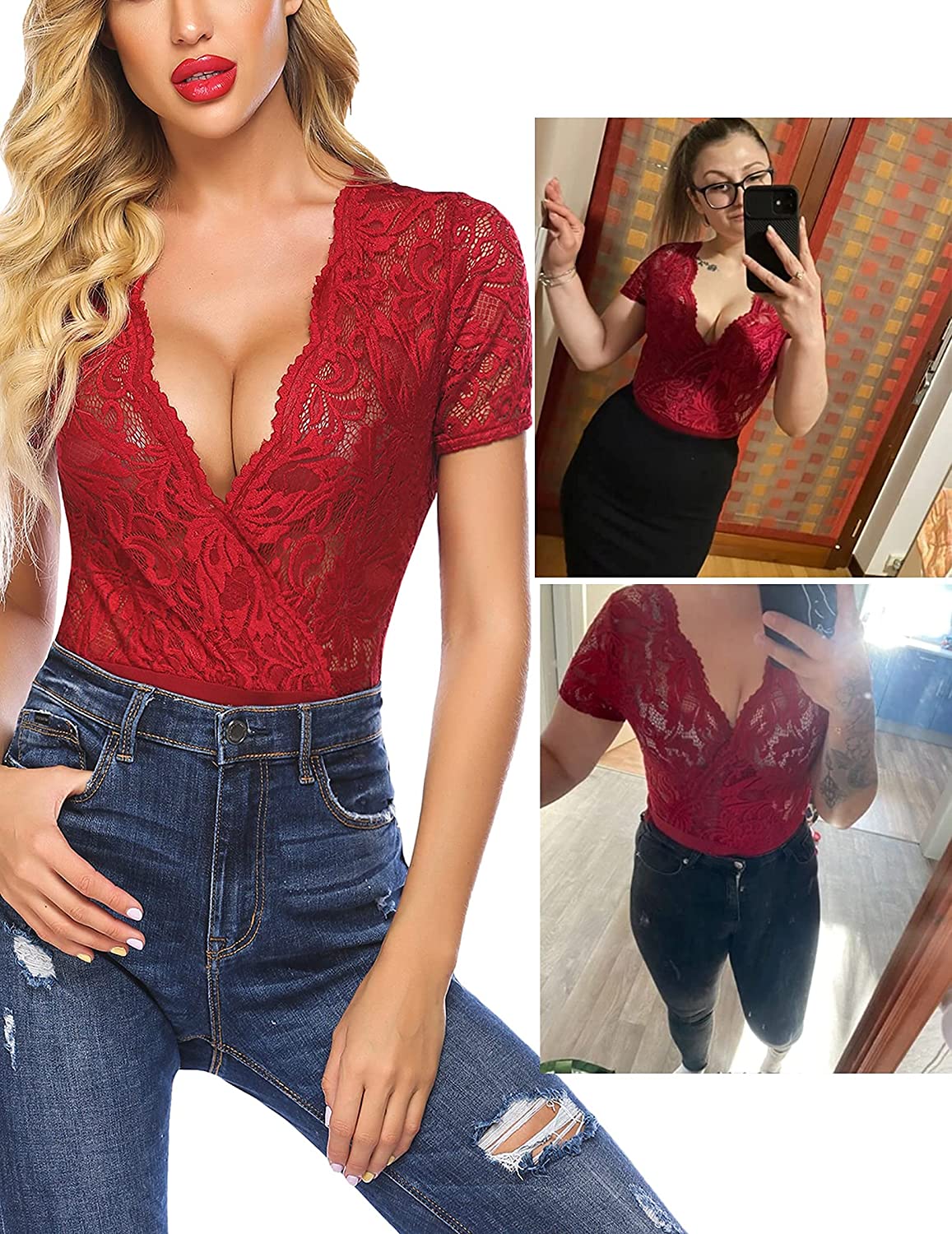 Avidlove Spitzen-Bodysuit mit kurzen Ärmeln, tiefer V-Ausschnitt, Druckknopfverschluss im Schritt, Clubwear-Oberteile, S-XXL