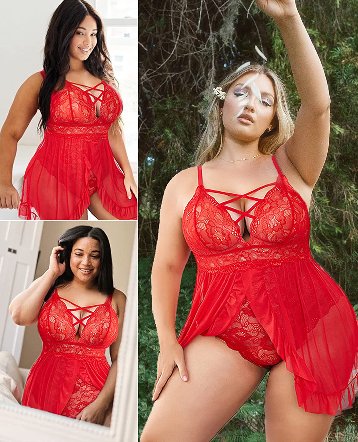 Lencería de talla grande Avidlove, babydoll con entrepierna a presión, camisón de encaje con tiras y volantes, talla L a 4XL 