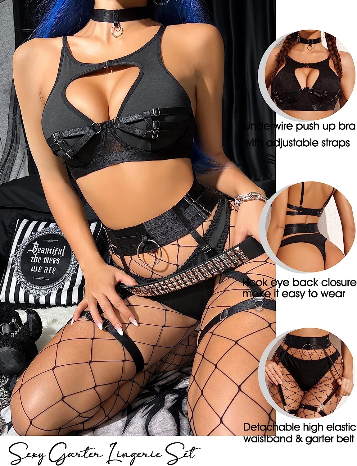 Conjunto de lencería Avidlove con aros, push up, conjunto de lencería bondage, conjunto de lencería de 5 piezas con tiras (sin medias) 