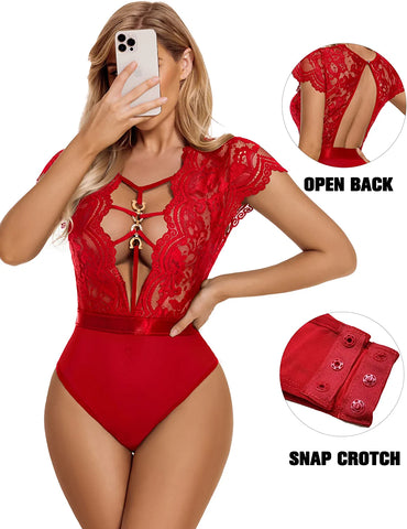 Avidlove Kurzarm-Dessous aus Spitze, Teddy-Bodysuit, Oberteile zum Ausgehen, Einteiler, Chemise, Clubwear 