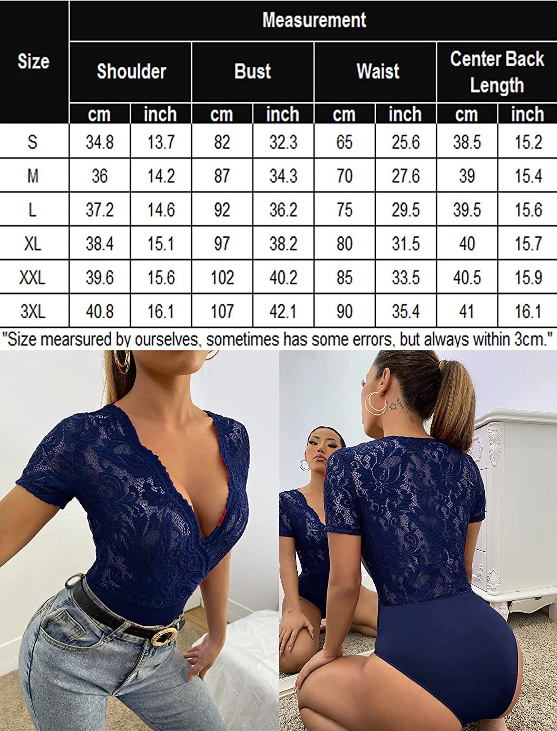 Avidlove Spitzen-Bodysuit mit kurzen Ärmeln, tiefer V-Ausschnitt, Druckknopfverschluss im Schritt, Clubwear-Oberteile, S-XXL