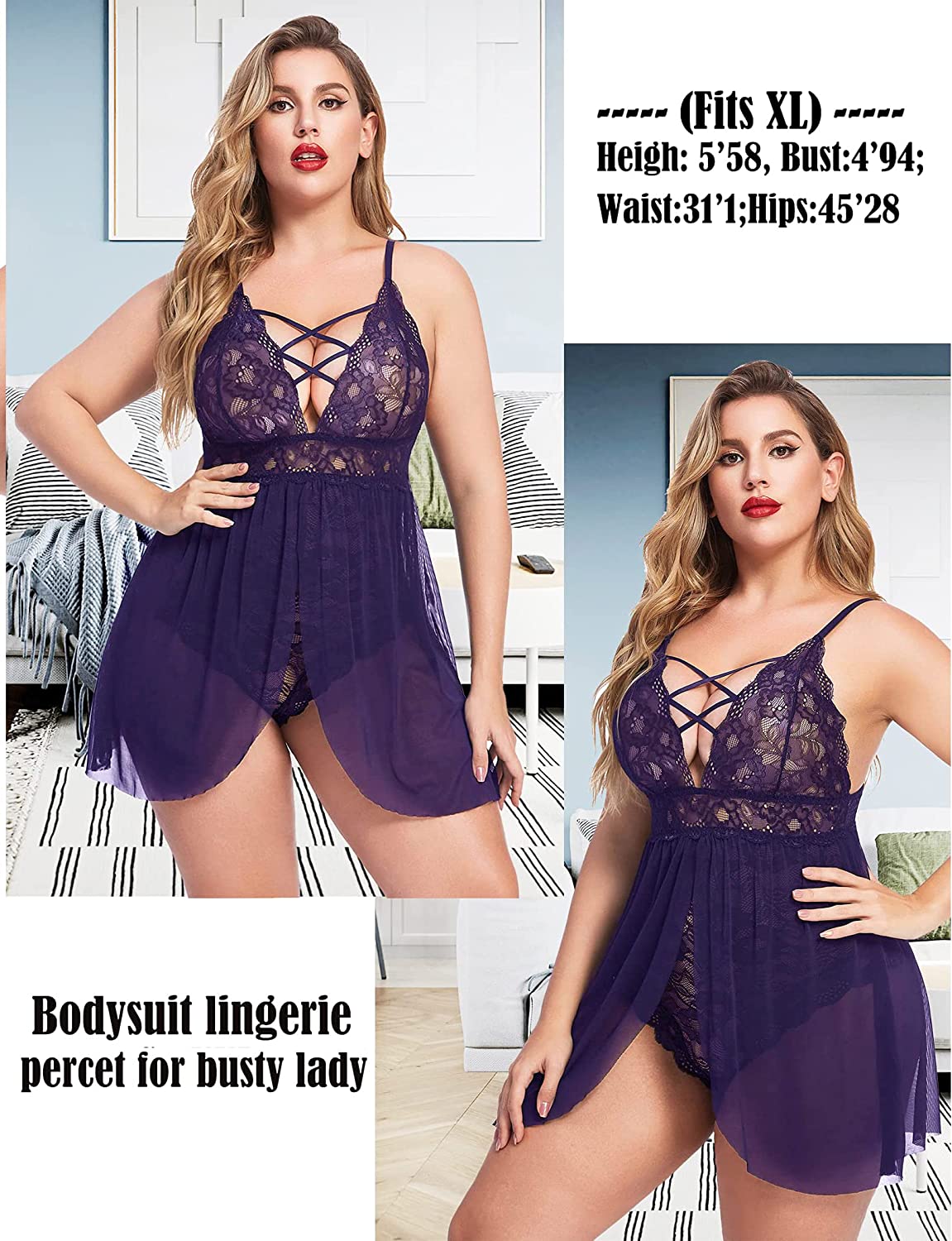 Avidlove - Babydoll de talla grande con entrepierna a presión, lencería con escote en V y encaje, ropa de dormir de talla grande (L-4XL)