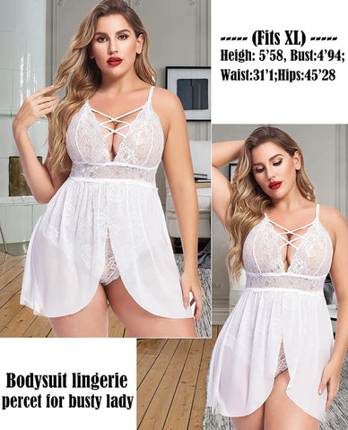 Avidlove Plus Size Babydoll Snap Crotch Lingerie V Neck Lace Nighty Sleepwear L-4XL