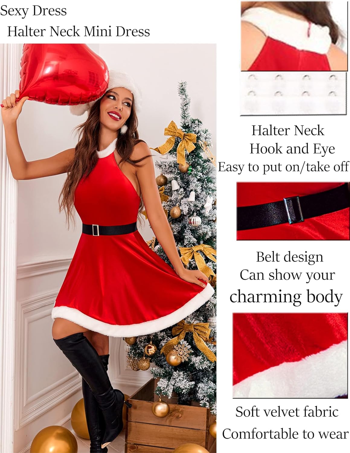 Avidlove Neckholder-Minikleid Weihnachtskleid A-Linie Samt Partykleid Weihnachtsmannkleid 