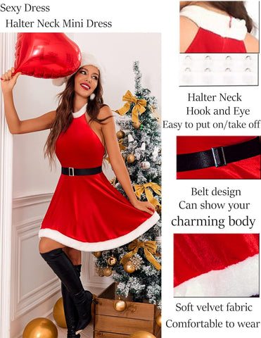 Avidlove Neckholder-Minikleid Weihnachtskleid A-Linie Samt Partykleid Weihnachtsmannkleid 