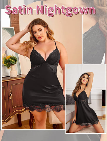 Avidlove Seidennachthemd Spitze Nachtwäsche Satin Ärmelloses Chemise Kleid