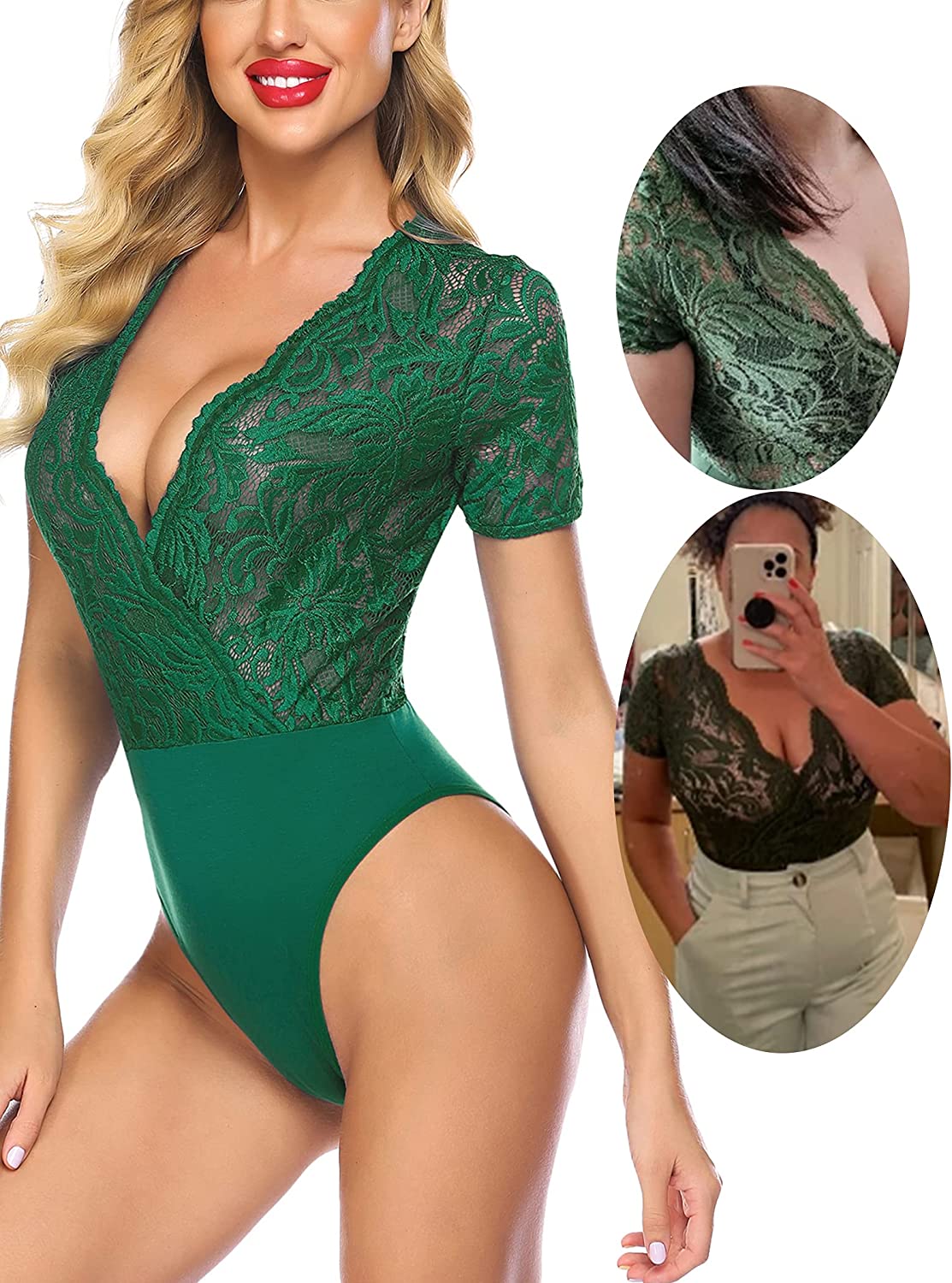 Avidlove Spitzen-Bodysuit mit kurzen Ärmeln, tiefer V-Ausschnitt, Druckknopfverschluss im Schritt, Clubwear-Oberteile, S-XXL