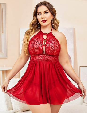 Avidlove Plus Size Dessous für Spitzen-Babydoll-Trägerhemd Neckholder Mesh Nachtwäsche Bandage 