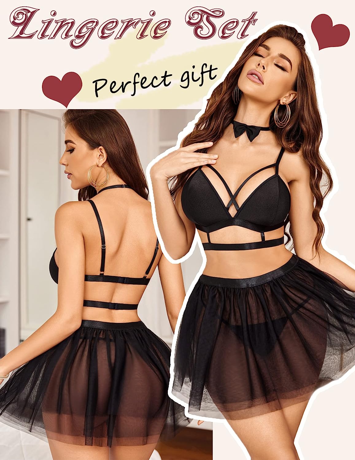 Avidlove Dessous für Riemchen-Dessous mit Rock-Set, abnehmbarer Choker, Nachtwäsche, S-XXL 