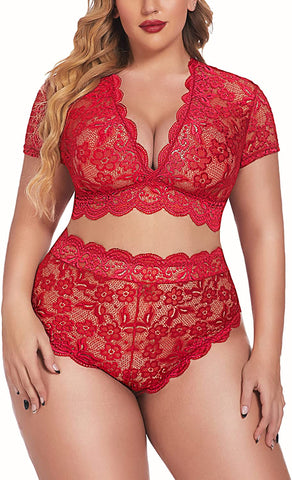 Avidlove Dessous in Übergröße, Plus-Size-Dessous-Set mit floraler Spitze und Muschelsaum, tiefer V-Ausschnitt, durchgehender Spitzen-BH und Höschen-Set, Clubwear 