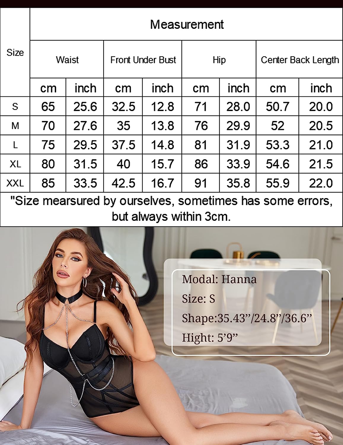 Avidlove Underwire Top Mesh Teddy Bodysuits Snap Crotch Lingerie with Choker Chain S-XXL