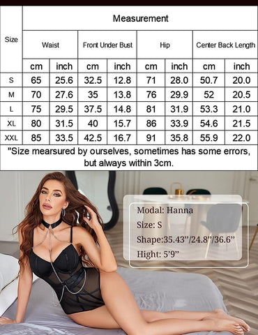 Avidlove Underwire Top Mesh Teddy Bodysuits Snap Crotch Lingerie with Choker Chain S-XXL