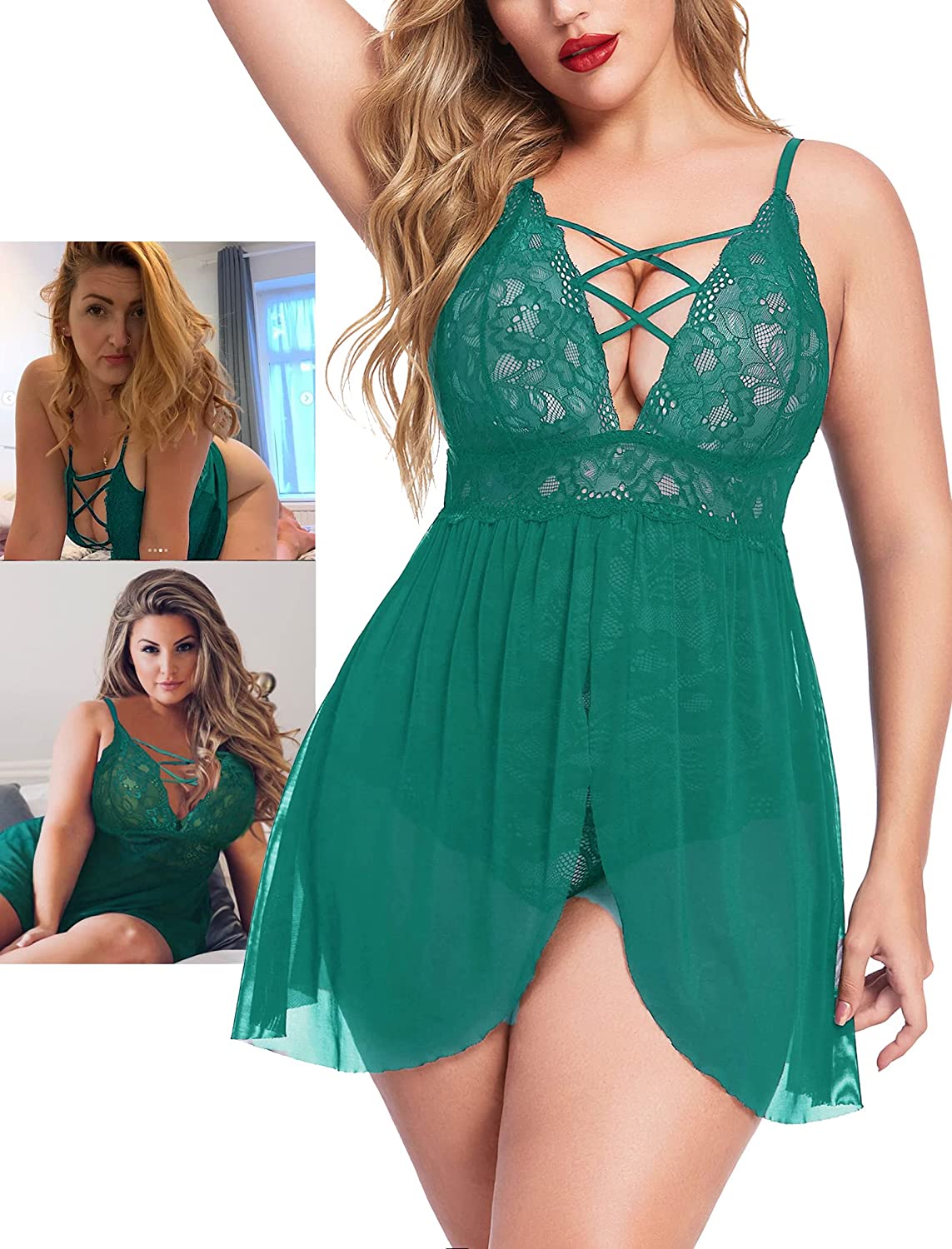 Avidlove - Babydoll de talla grande con entrepierna a presión, lencería con escote en V y encaje, ropa de dormir de talla grande (L-4XL)