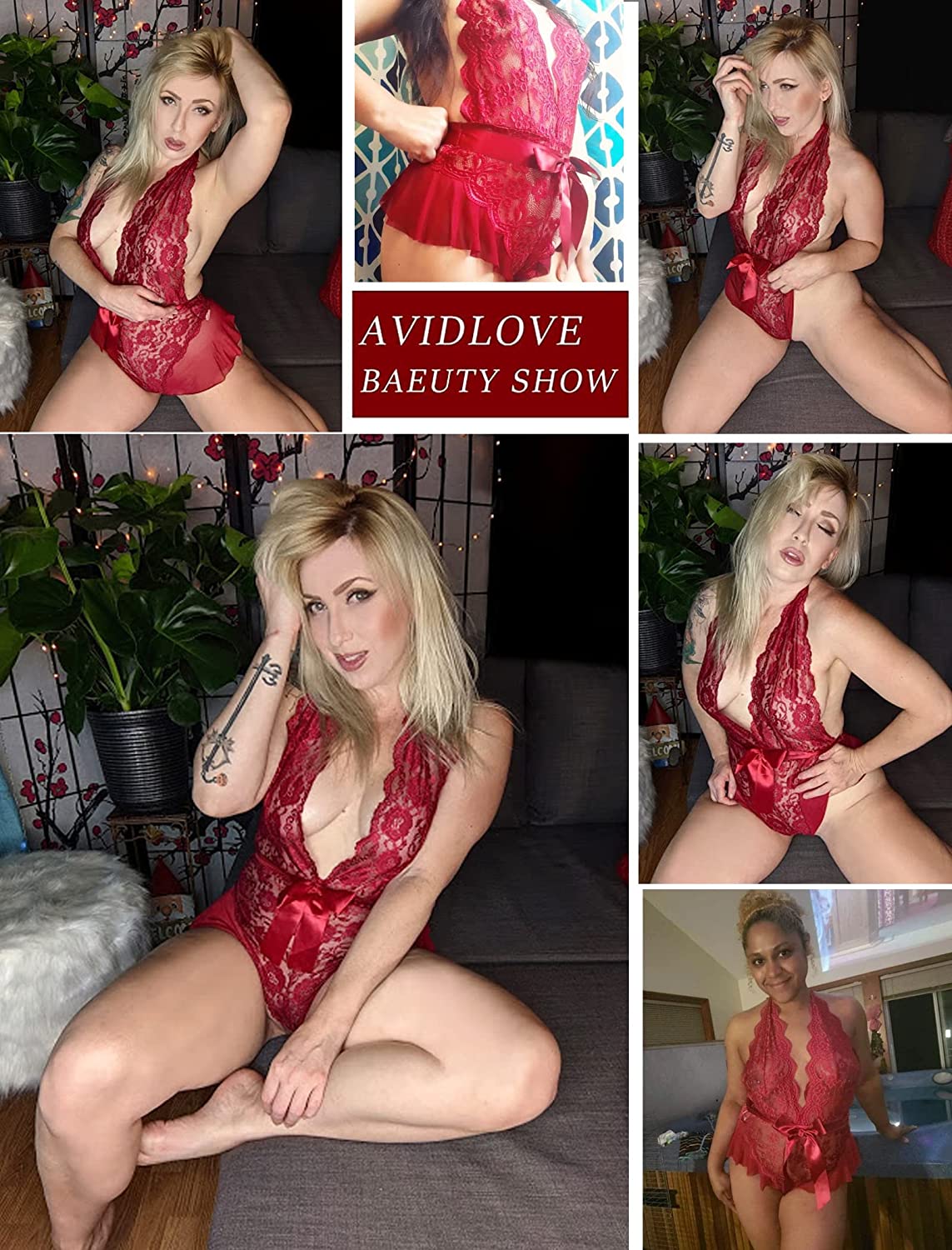 Lencería Avidlove para mujer, body de encaje con escote en V y cuello halter, lencería de una pieza, babydoll, tallas XS a XXXL 