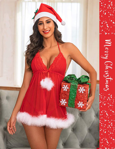 Avidlove Weihnachts-Dessous für Spitzen-Babydoll, Neckholder, V-Ausschnitt 