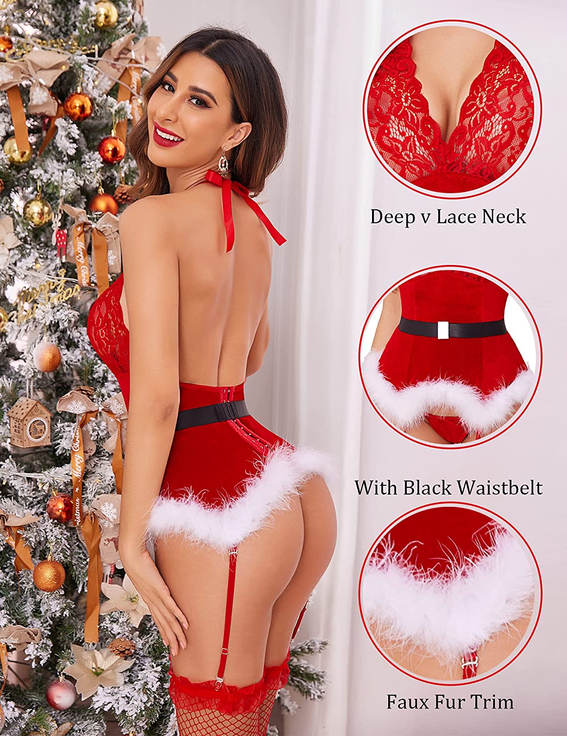 Avidlove Weihnachts-Dessous-Sets, Strumpfband-Bustier-Set, Weihnachtsmann-Babydoll, Bodysuits, Spitzenhemd (ohne Strümpfe), S-XXL 