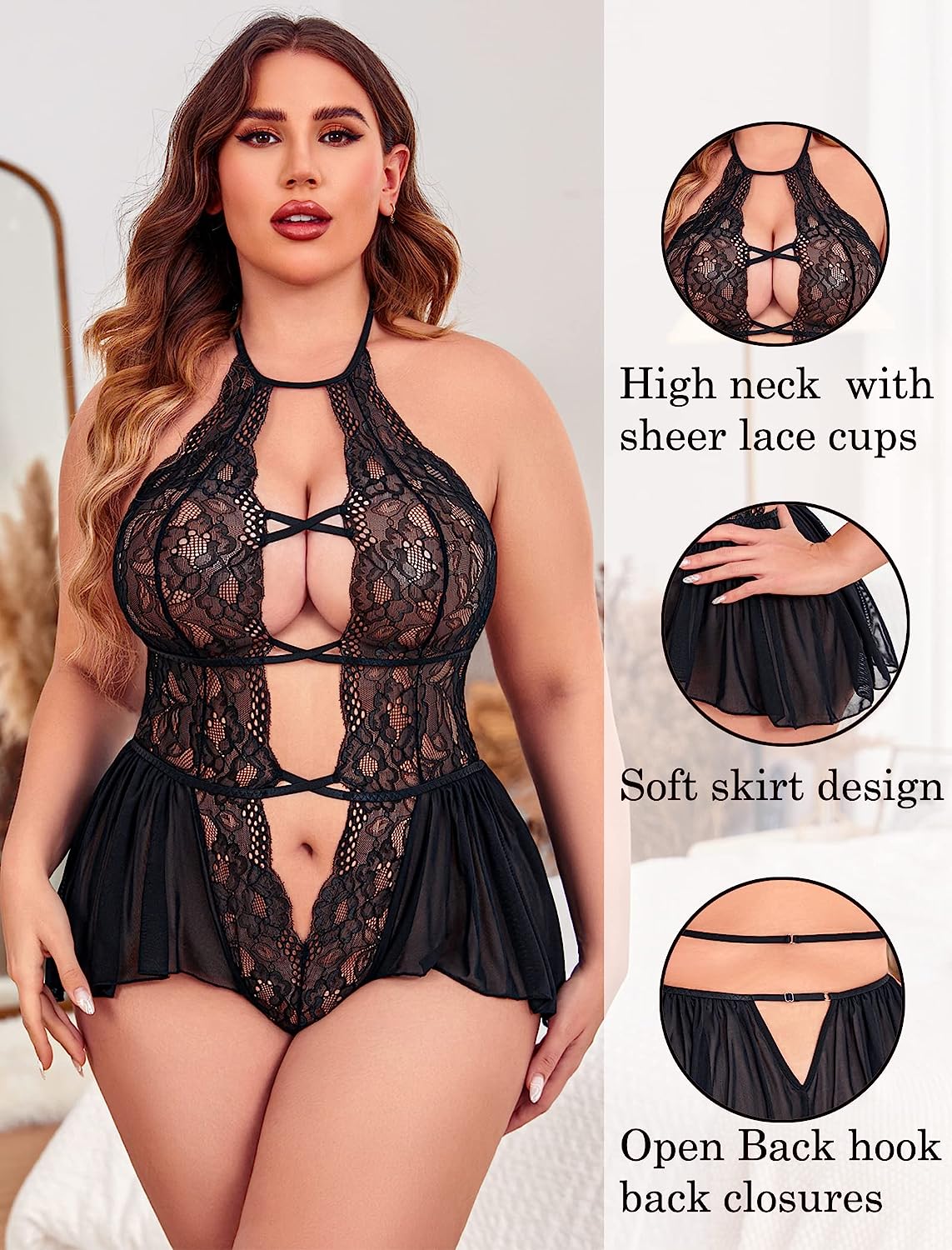 Lencería de talla grande de Avidlove, body de encaje, babydoll de una pieza con escote en V profundo y encaje 