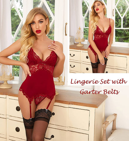 Conjunto de lencería camisero Avidlove con liguero, babydoll de encaje, body de peluche, conjunto de corsé de lencería de una pieza con liguero 